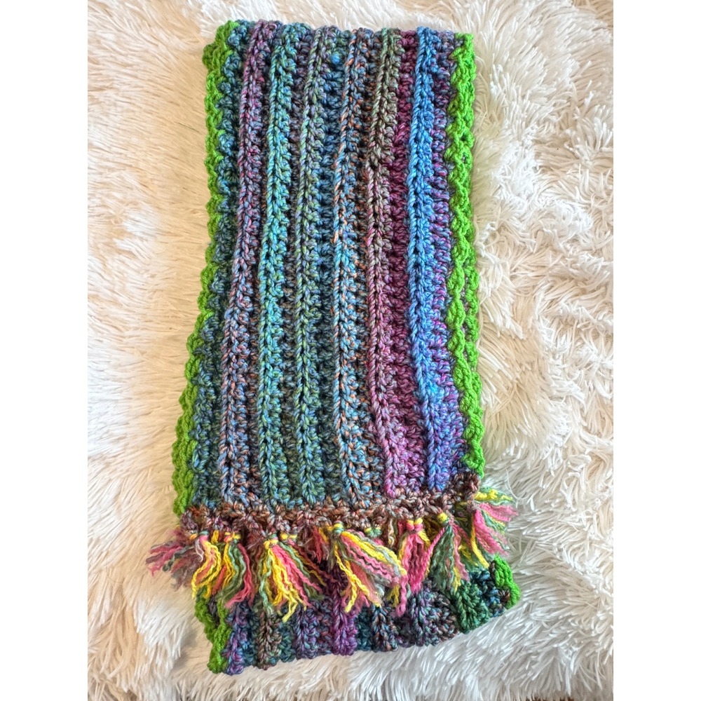 Handmade Crochet Scarf Multi-Color Ribbed Chunky Knit Tassel Fringe Boho 60 Inch